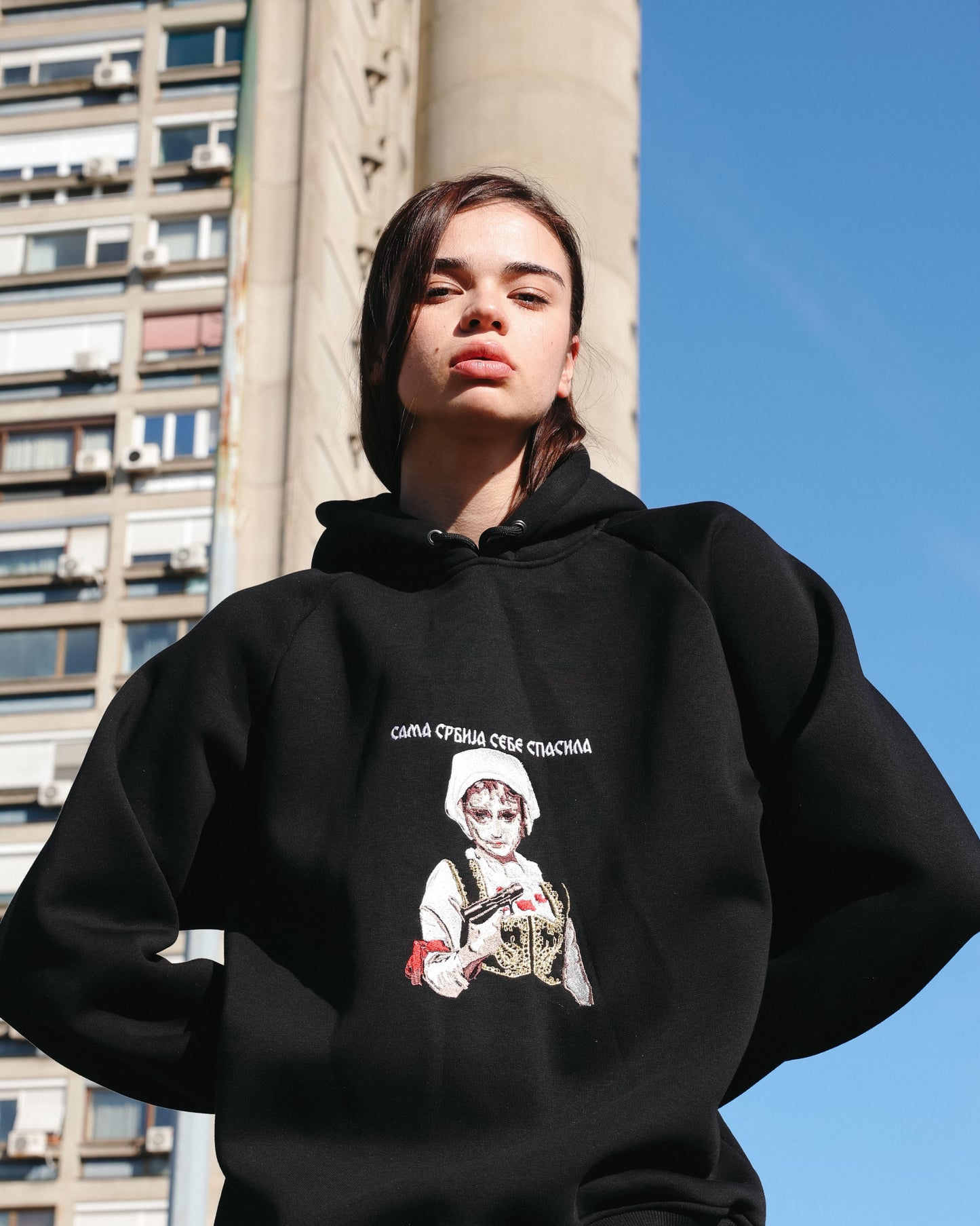 girl with gun oversized embroidered hoodie x petroff porodica - black