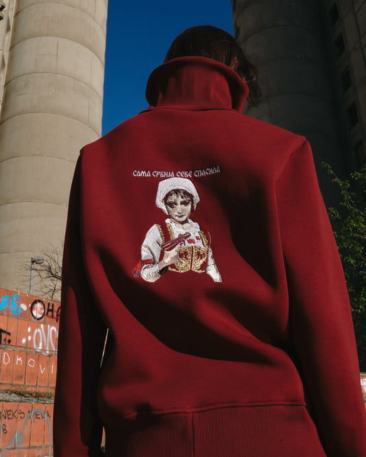 girl with gun embroidered quarter-zip x petroff porodica - maroon/black
